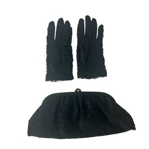 Rare Finale Black Lace Vintage Gloves & Matching Clutch Wallet Evening Set